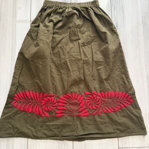 Khaki Green Embroidered Elastic Waist Skirt Womens Small Floral Mexican